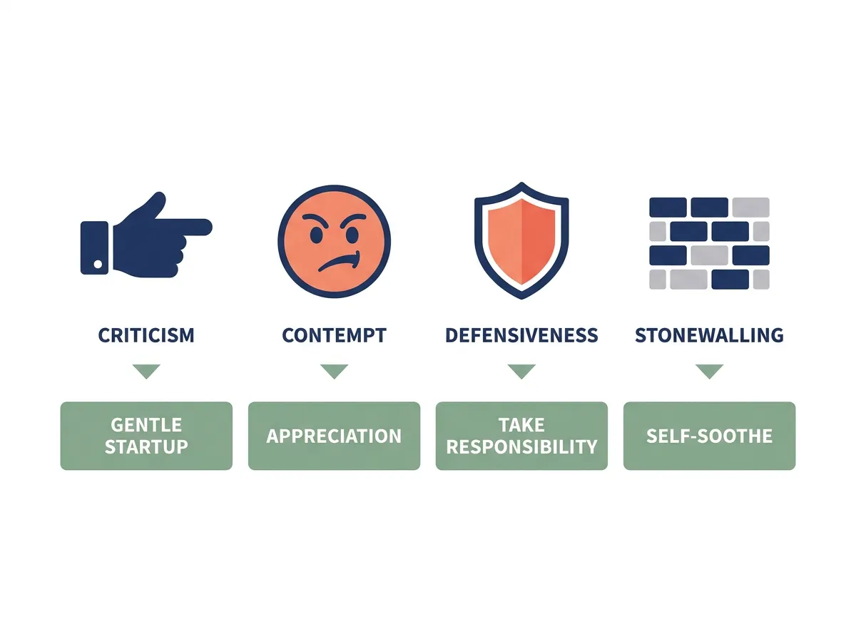 Infographic showing the four horsemen of relationship conflict — criticism, contempt, defensiveness, and stonewalling — with their corresponding antidotes
