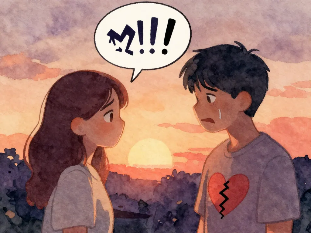 Watercolor illustration depicting the emotional impact of contemptuous words on a partner, with jagged speech shapes and a cracking heart