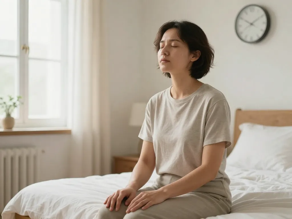 A person sitting calmly with eyes closed, taking a self-soothing break during a conflict, with a clock visible in the background