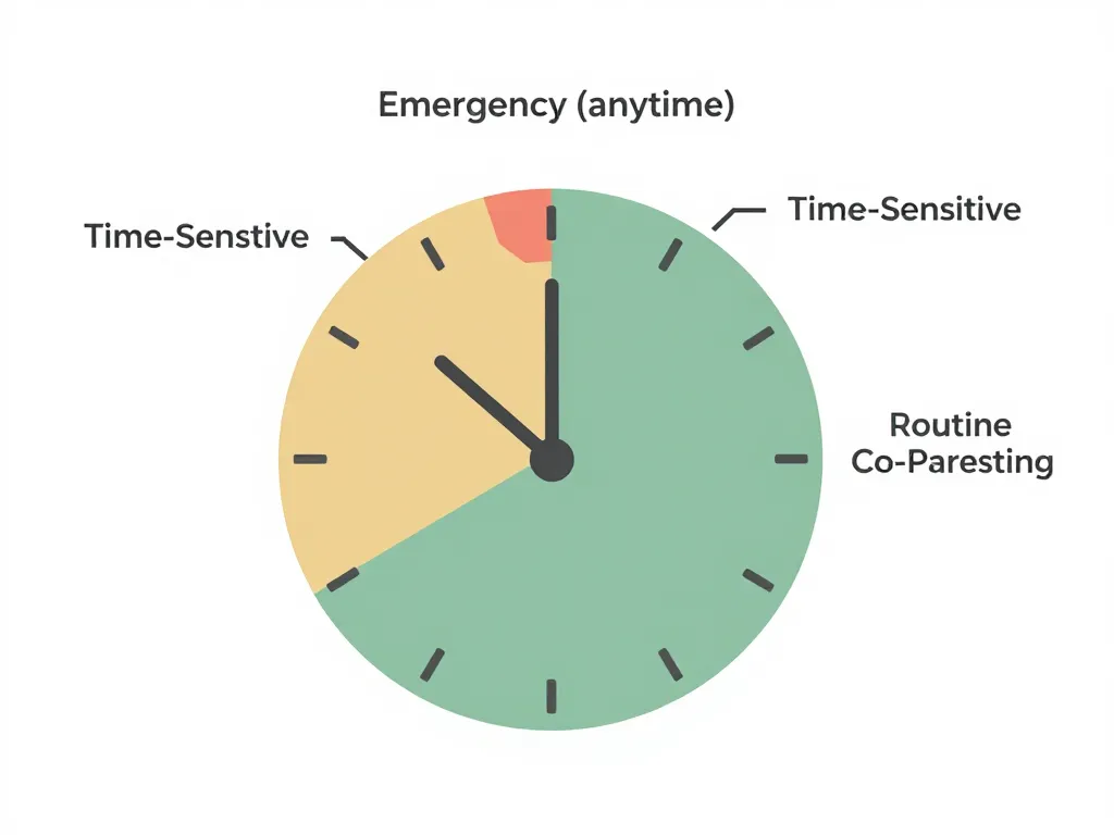 Illustrated clock showing co-parenting communication windows divided into emergency, time-sensitive, and routine categories