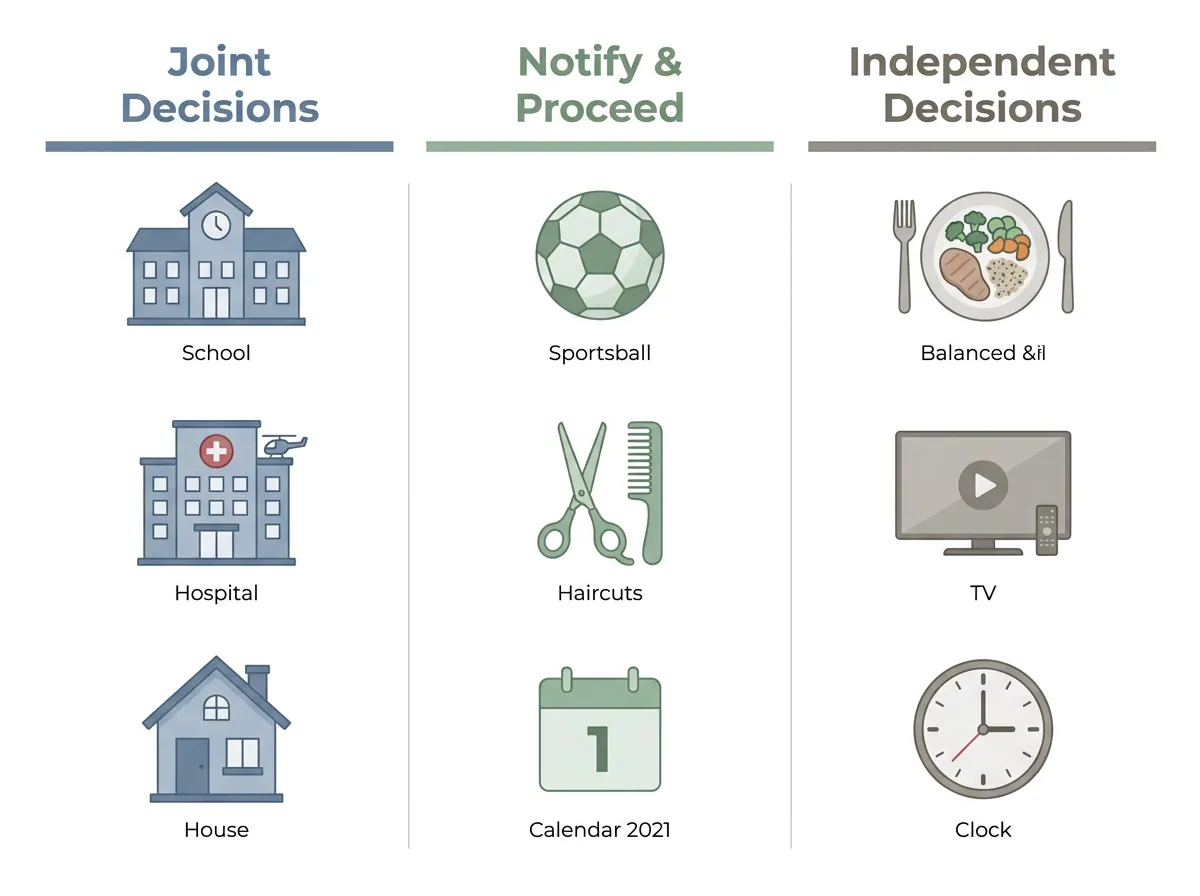 Infographic showing a co-parenting decision matrix divided into joint decisions, notify-and-proceed decisions, and independent decisions with icons