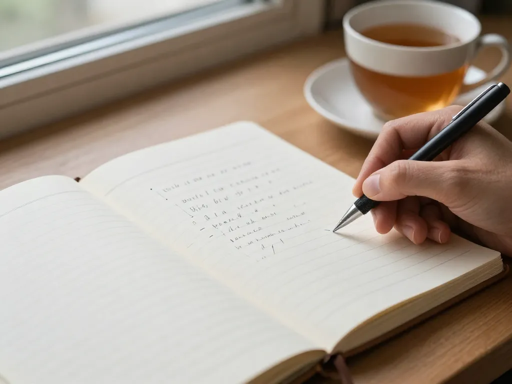 A hand writing co-parenting boundary agreements in a notebook on a wooden desk with warm natural light