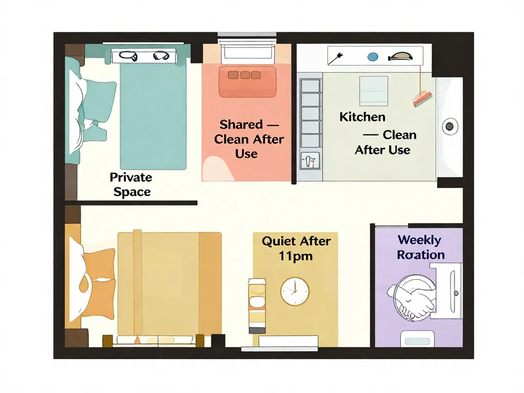 Illustrated apartment floor plan showing labeled shared and private zones with icons for quiet hours, cleaning rotation, and shared spaces