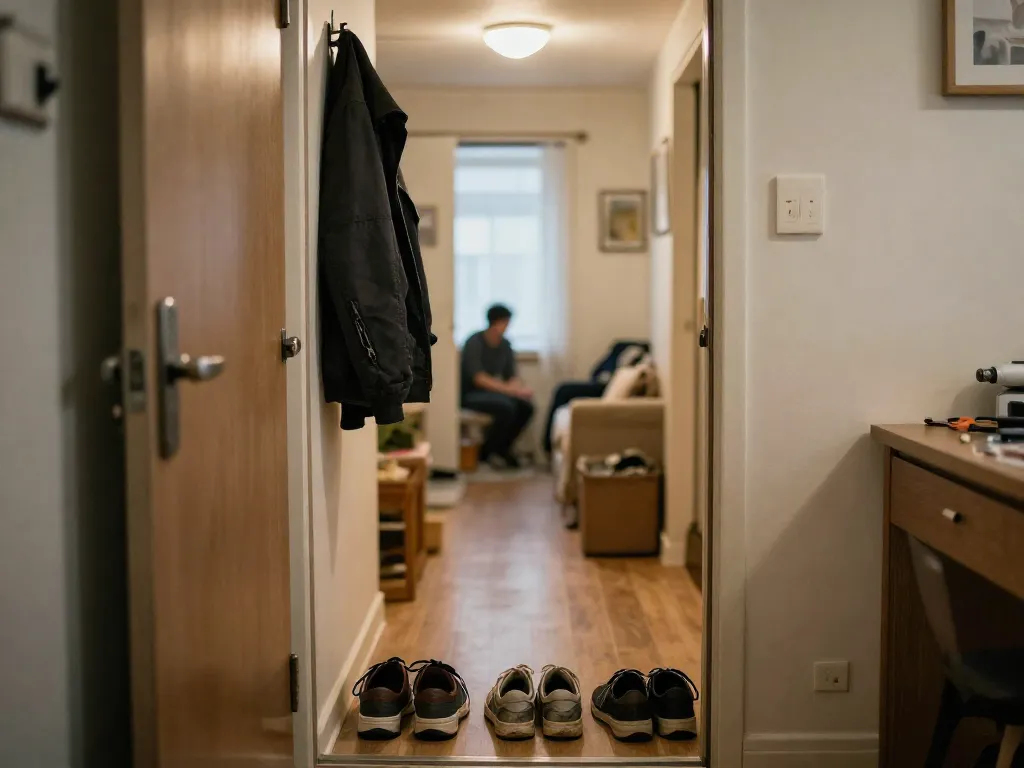 Apartment entryway with an extra pair of shoes and an unfamiliar jacket, suggesting an uninvited or frequent guest