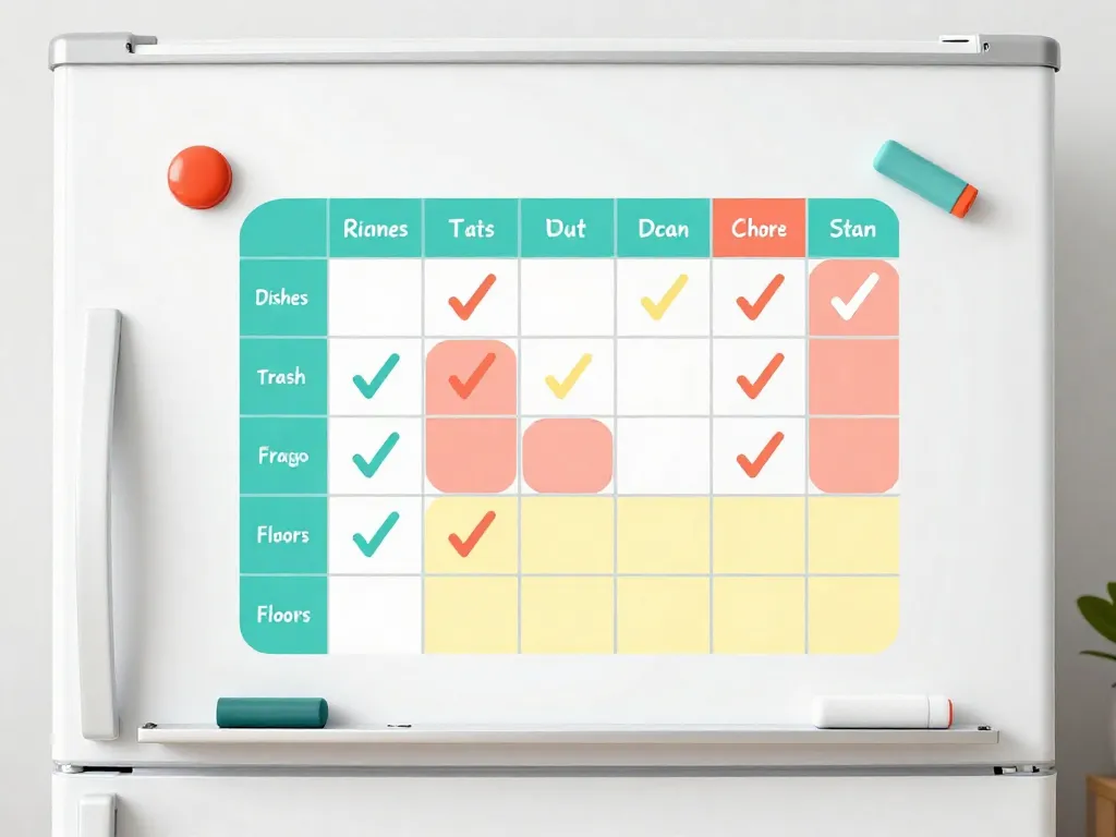Illustration of a roommate chore schedule on a whiteboard attached to a refrigerator