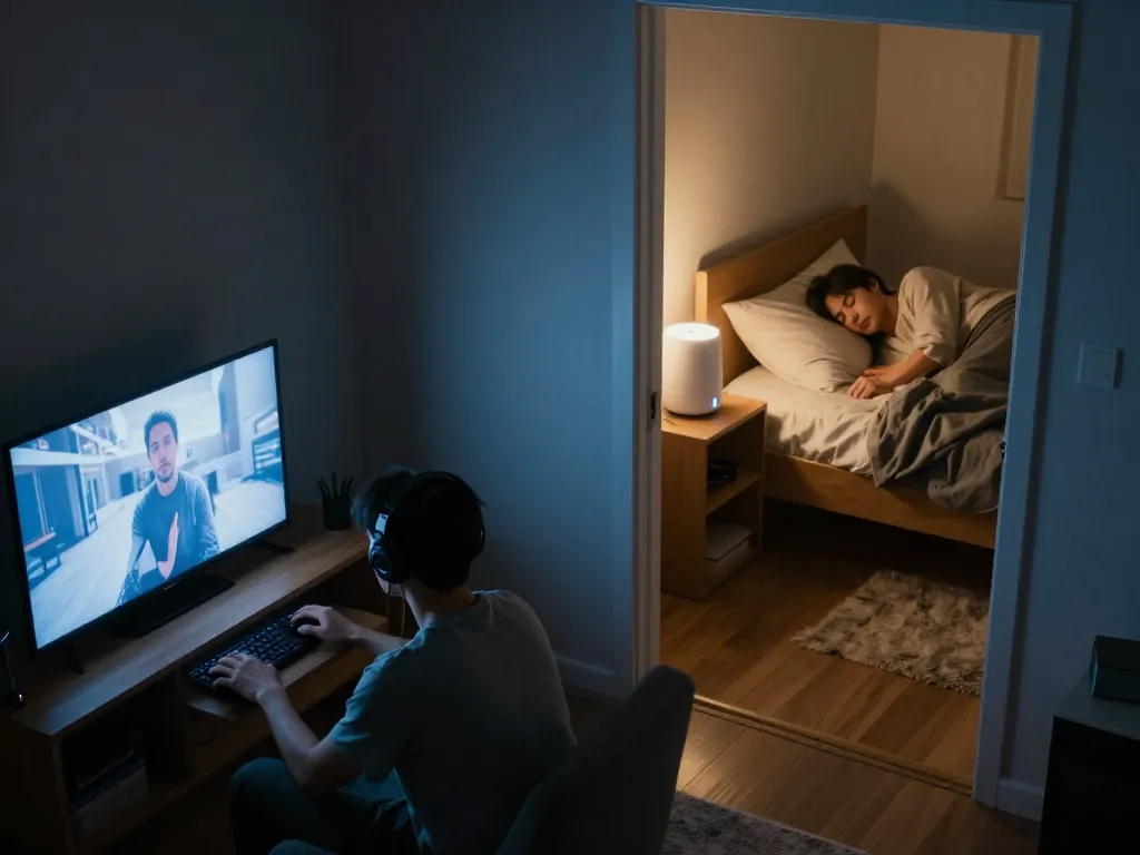 Roommate gaming with headphones at night while the other sleeps peacefully in the next room, showing a noise compromise in action