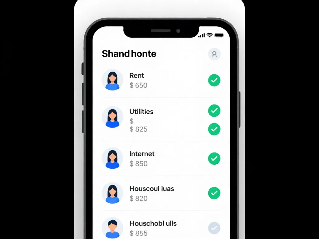 Illustration of a bill-splitting app on a smartphone showing shared roommate expenses divided equally