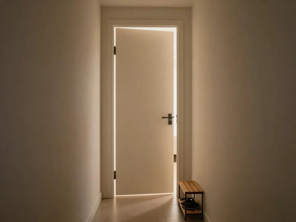 A closed bedroom door in a shared apartment hallway, representing personal space and boundaries