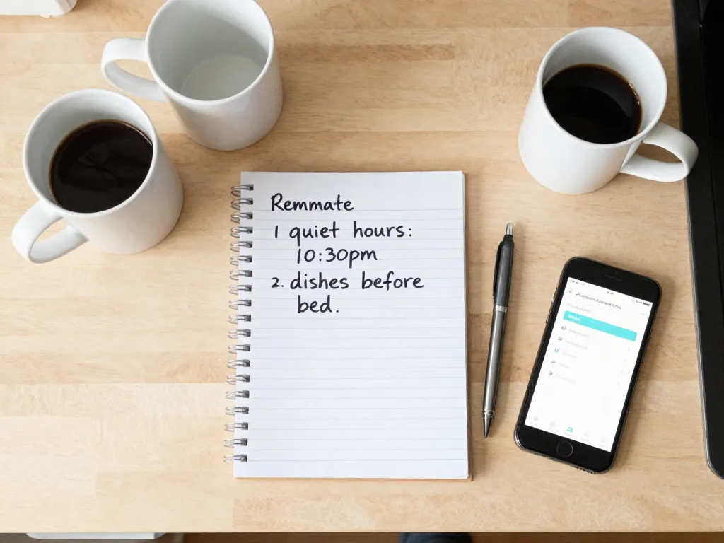 Overhead view of a kitchen counter with a handwritten roommate agreement notepad, coffee mugs, and a shared expense app on a phone