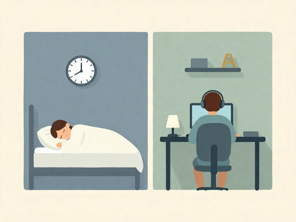 Illustration showing two roommates with different schedules separated by a wall, one sleeping and one gaming with headphones