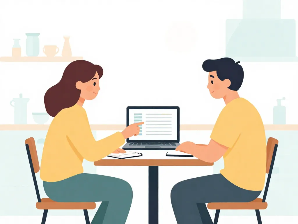 Illustration of two roommates calmly reviewing shared expenses together at a kitchen table