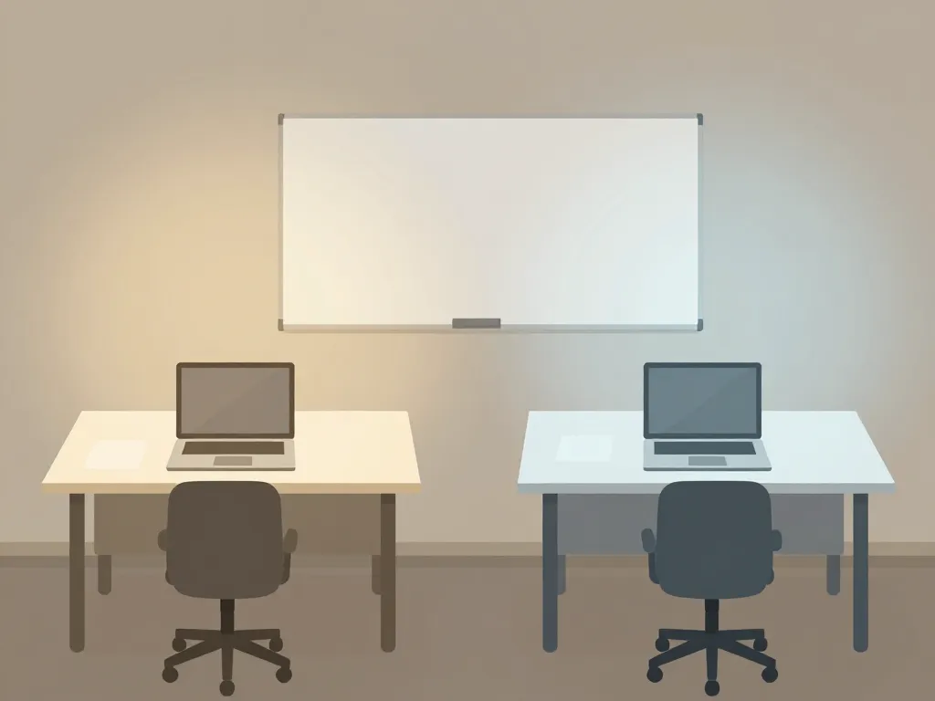 Illustration of two separate desks facing away from each other in the same office, representing cofounders making decisions independently