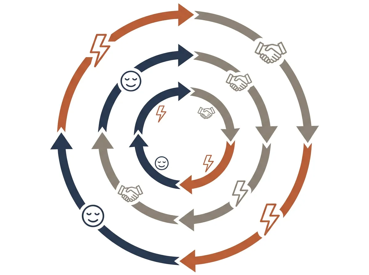 Diagram showing the repeating cycle of cofounder conflict: dispute, temporary resolution, brief peace, and back to dispute, with cycles getting shorter over time
