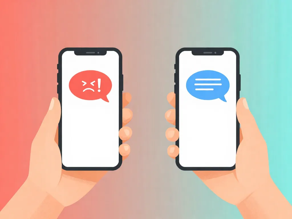 Illustration comparing an angry text message with a calm BIFF response on two smartphones