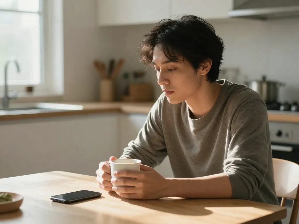 A person calmly sitting at a kitchen table with their phone face-down, practicing a response delay