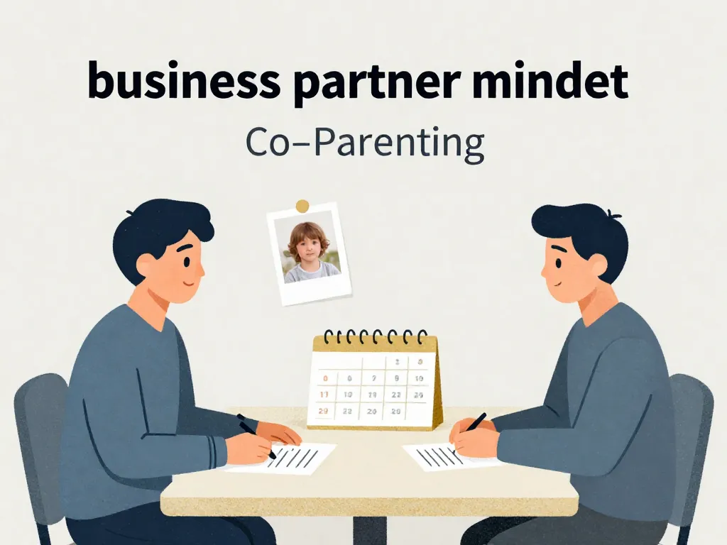 Illustration of two co-parents discussing parenting logistics calmly at a table, adopting a business partner mindset