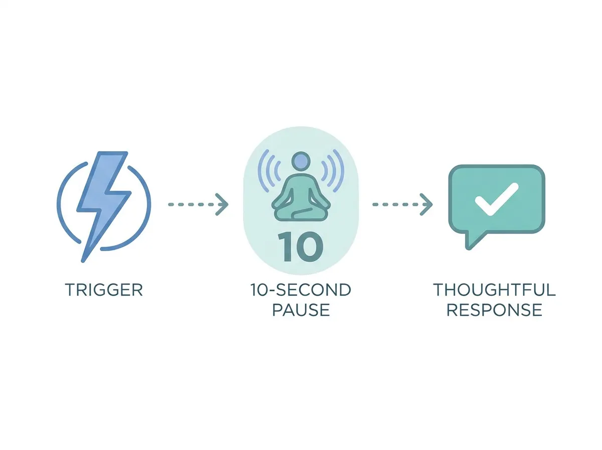 Diagram showing the 10-second pause rule: trigger, pause for 10 seconds with deep breathing, then give a thoughtful response