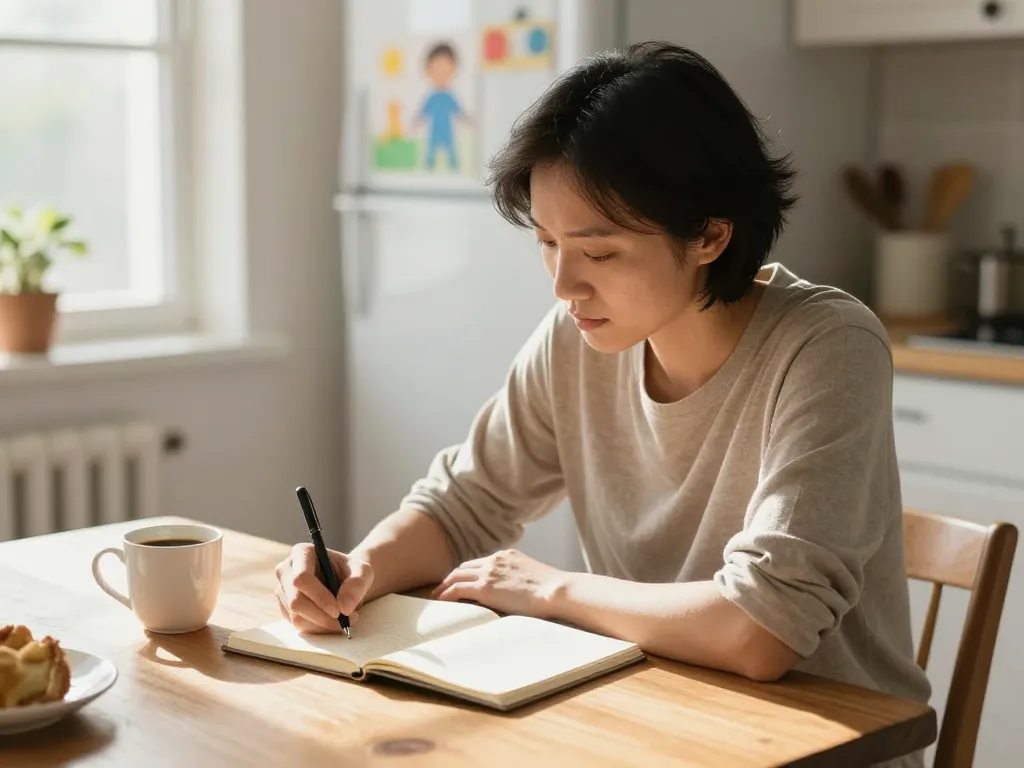 A parent writing down co-parenting agreements at a kitchen table in a calm, well-lit home setting