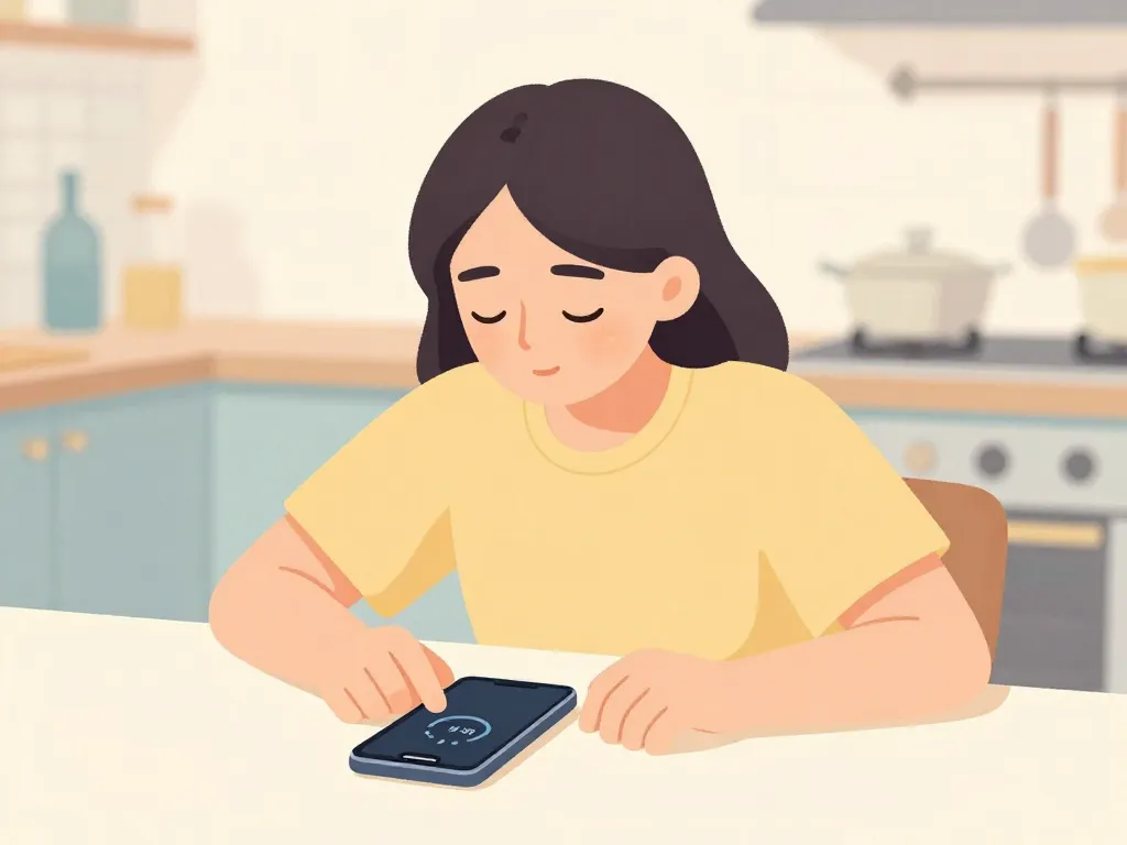 Illustration of a parent practicing the 90-second pause rule with their phone face-down and a timer running