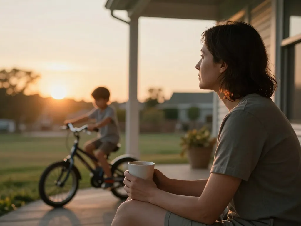 A parent sitting peacefully on a porch step during golden hour, reflecting calmly with a child's bicycle in the background