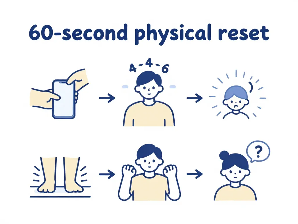 Illustrated step-by-step guide showing the 60-second physical reset technique for managing anger