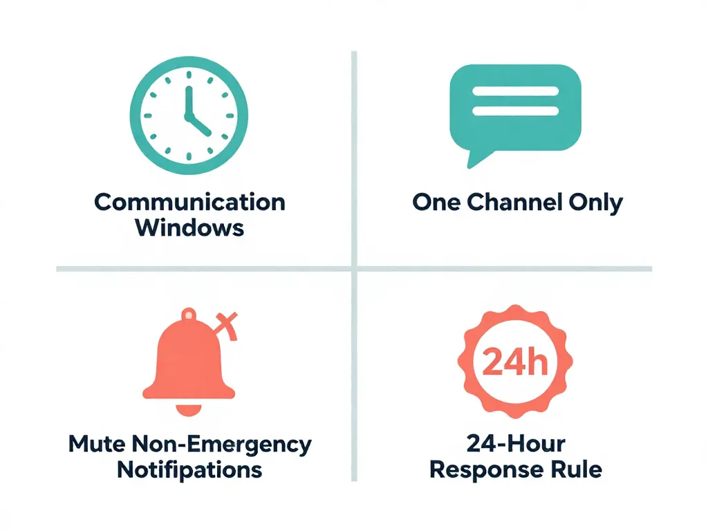 Infographic showing four communication boundaries for co-parents: communication windows, one channel, muted notifications, and 24-hour response rule