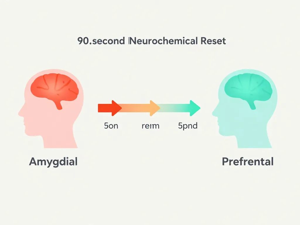 Illustration showing the 90-second neurochemical reset, depicting how the brain transitions from amygdala-driven anger response to prefrontal cortex-driven calm over 90 seconds