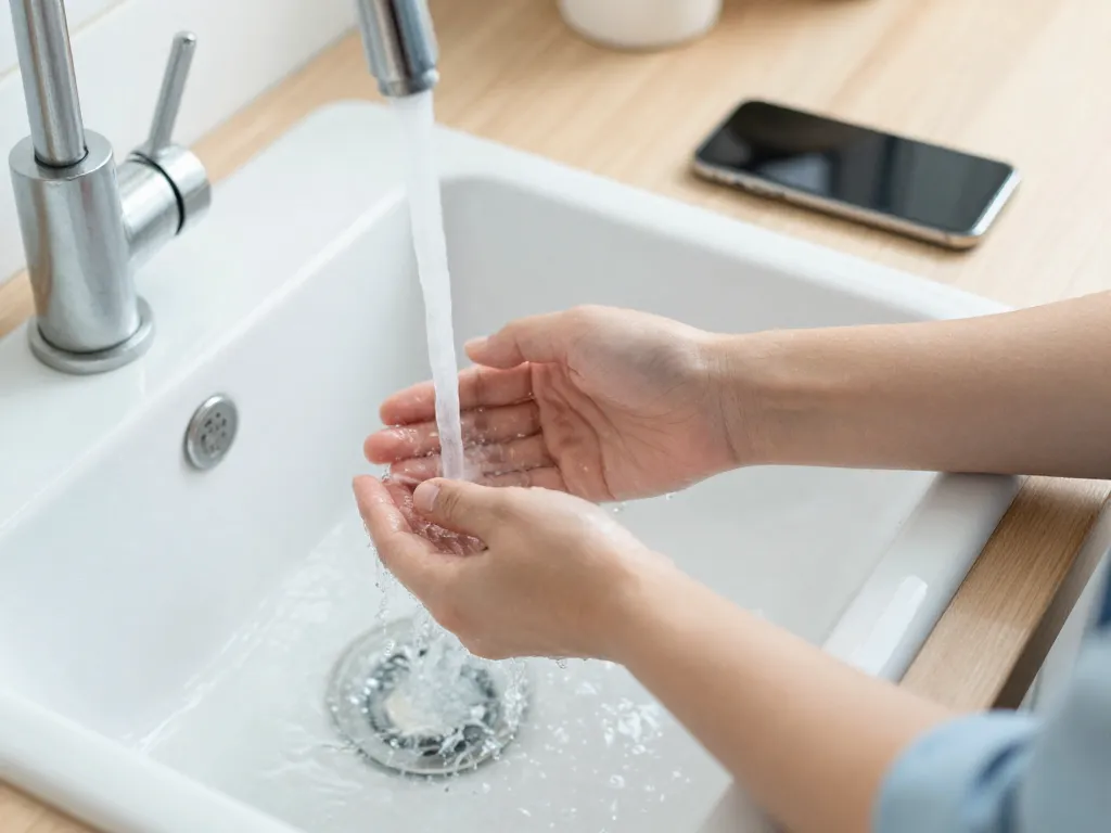 Person running cold water over their wrists at a kitchen sink as a physical grounding technique, with phone placed face-down on the counter nearby