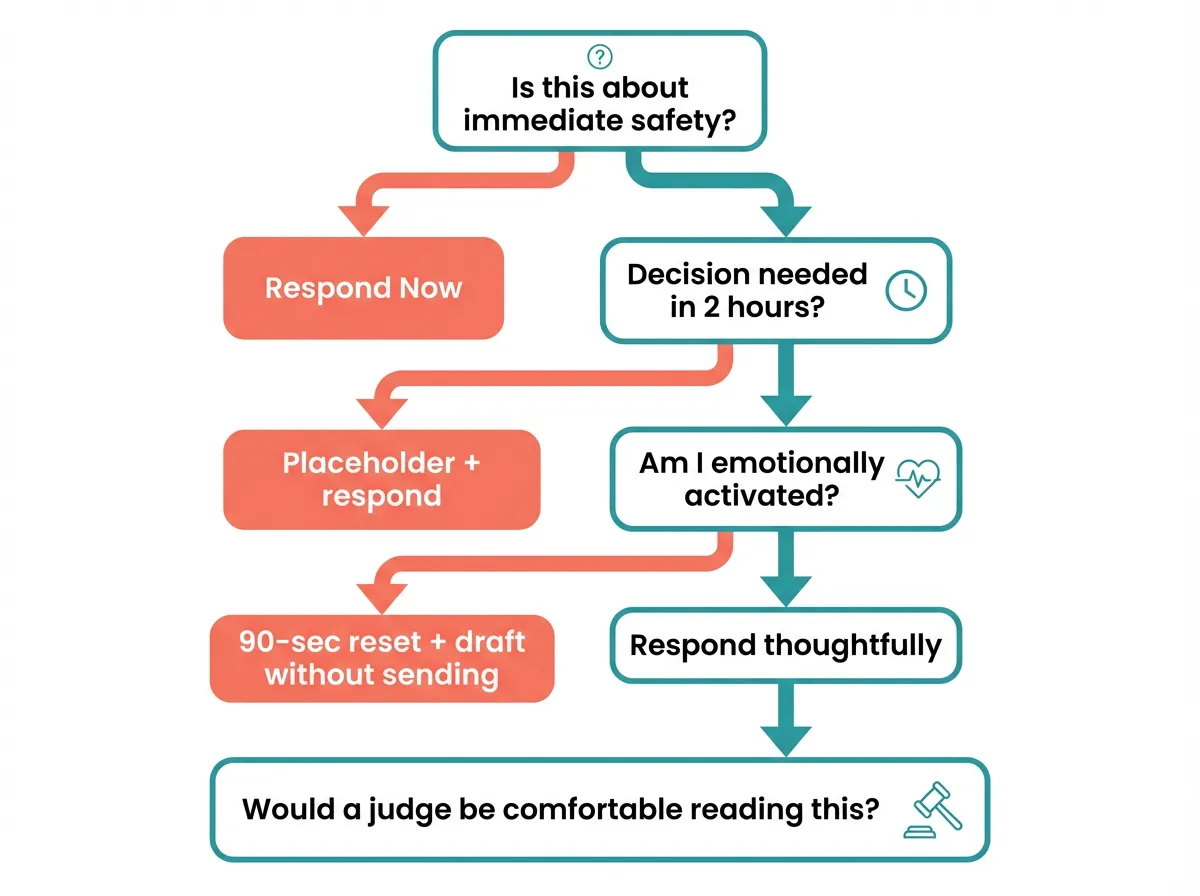 Decision tree flowchart for co-parents showing how to categorize incoming messages by urgency and emotional state before deciding how to respond