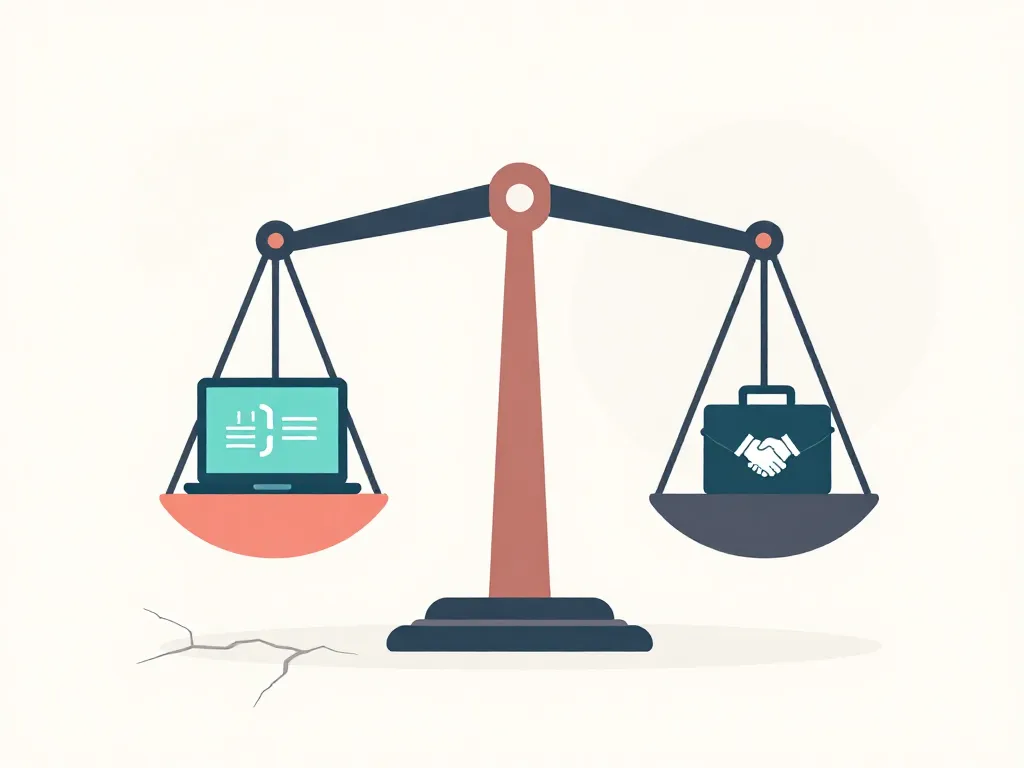 Illustration of a balanced scale with tech and business icons on each side, sitting on a cracking surface symbolizing the hidden instability of equal equity splits