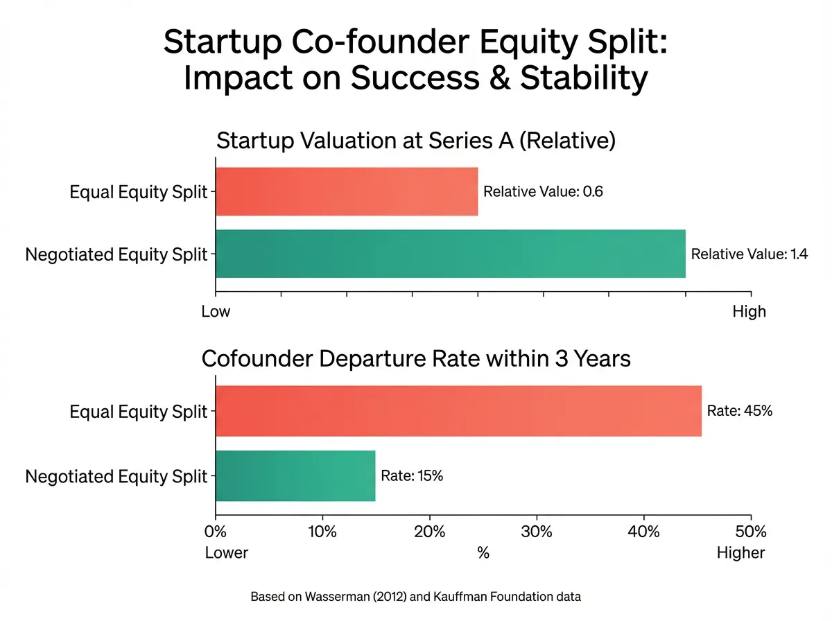 Bar chart comparing equal versus negotiated equity splits on startup valuation and cofounder departure rates, showing negotiated splits outperform equal splits on both metrics
