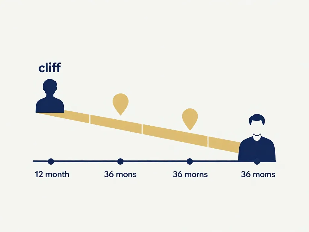 Illustration of a four-year equity vesting schedule with a one-year cliff, showing how equity unlocks gradually over time for cofounders