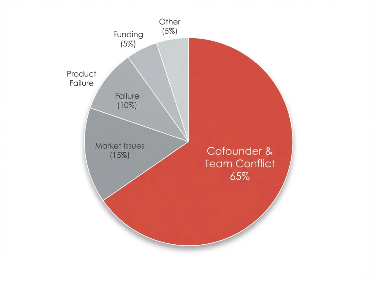 Pie chart showing 65% of startup failures are caused by cofounder and team conflict