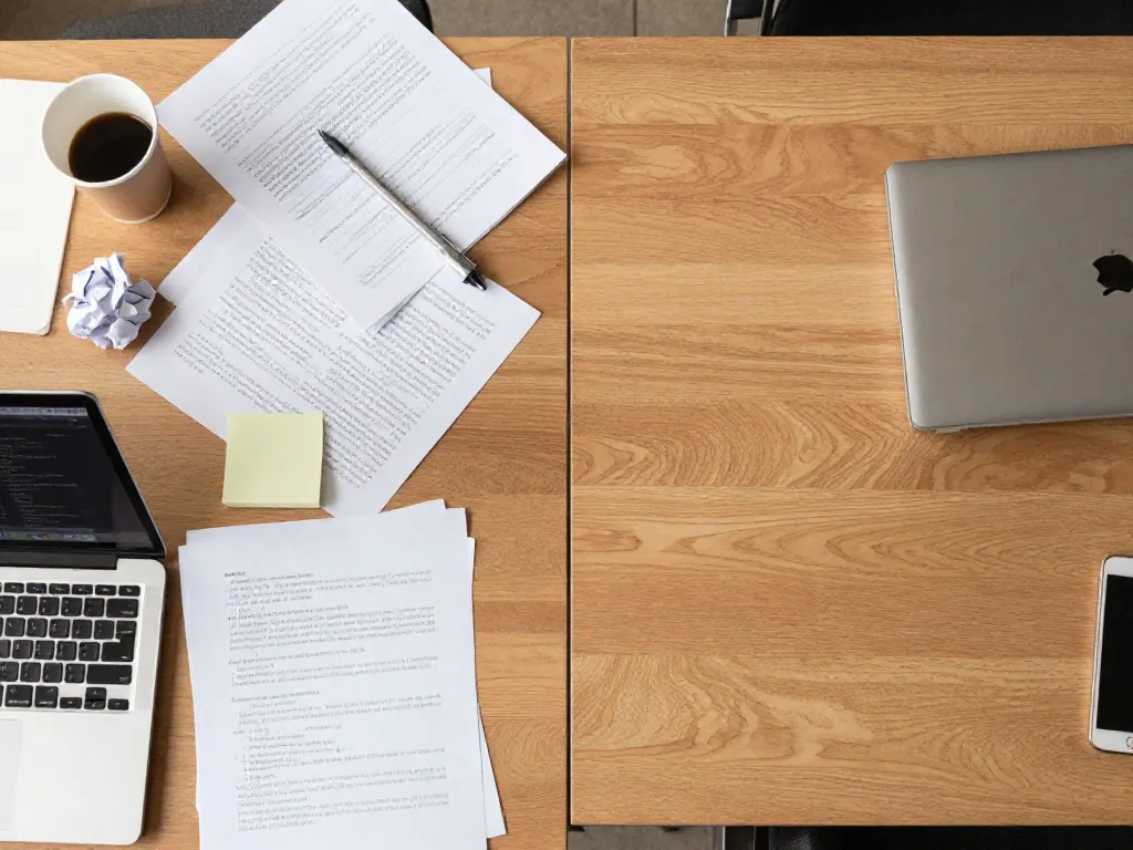 Overhead view of a shared desk showing contrasting workloads between two cofounders — one side cluttered and busy, the other clean and sparse