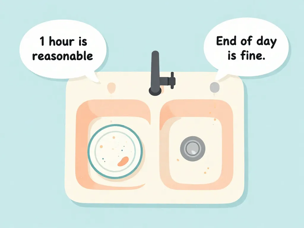 Illustration showing two conflicting assumptions about dishwashing timing, representing the expectation gap that causes roommate conflicts