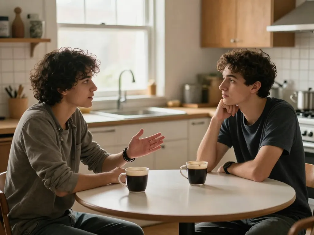 Two roommates having a calm and respectful conversation at their kitchen table, demonstrating effective communication