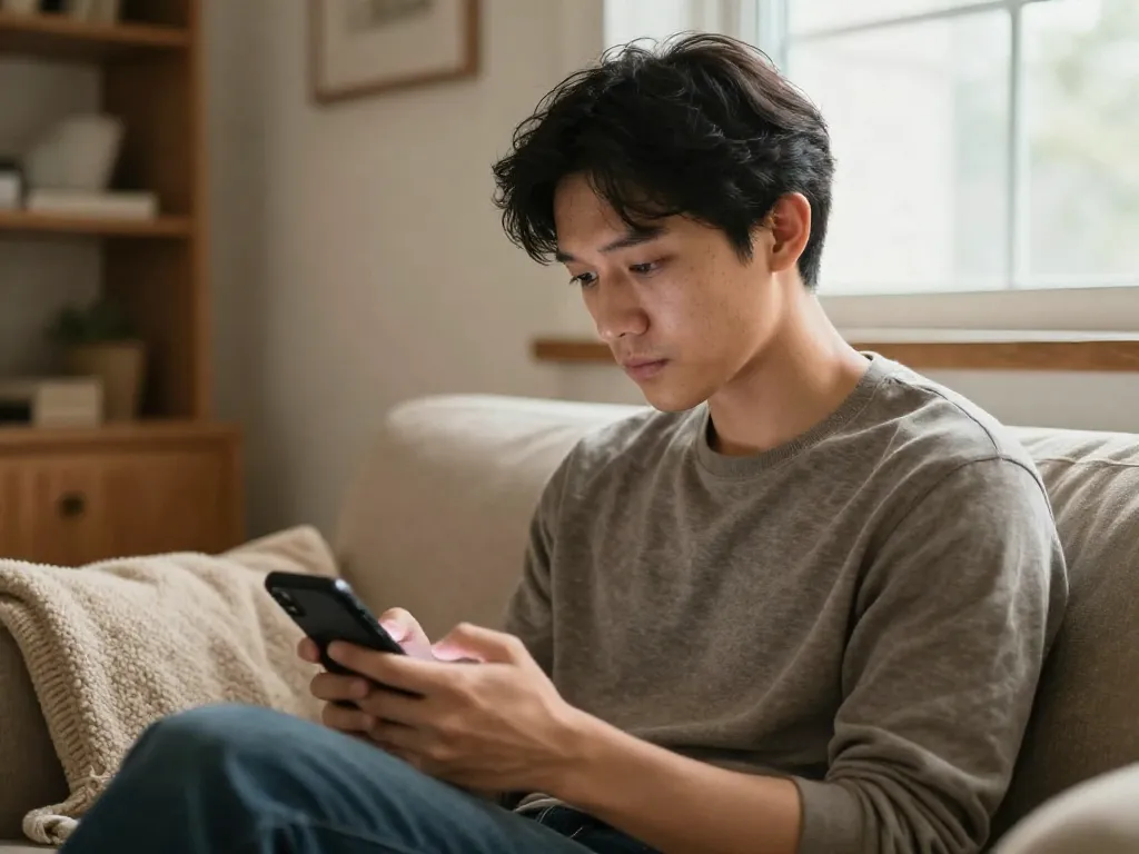 A parent thoughtfully composing a text message on their phone while sitting on a couch