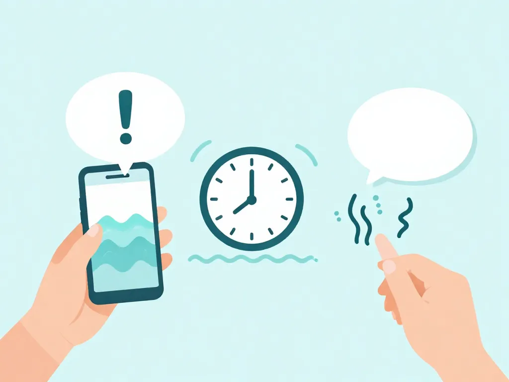 Illustration showing the 60-second pause rule: a person receiving a message, a clock indicating 60 seconds, and calming visual elements representing emotional regulation