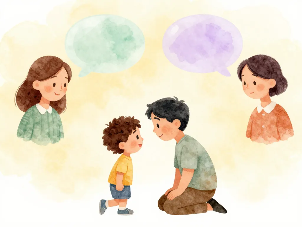 Illustration of two parents' thought bubbles converging on a happy child, representing the concept of focusing on the child's needs underneath co-parenting disagreements