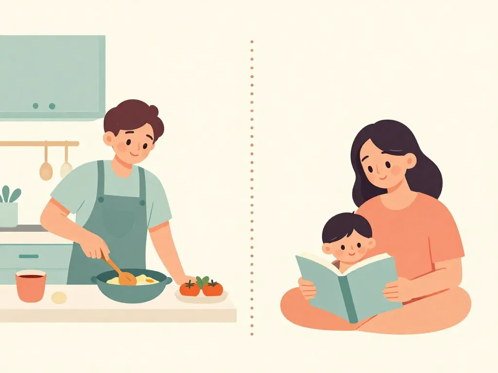 Illustration of two separate but peaceful household scenes representing the parallel parenting framework