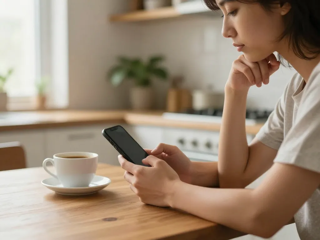 A person pausing thoughtfully before responding to a message on their phone, representing strategic disengagement and the BIFF method