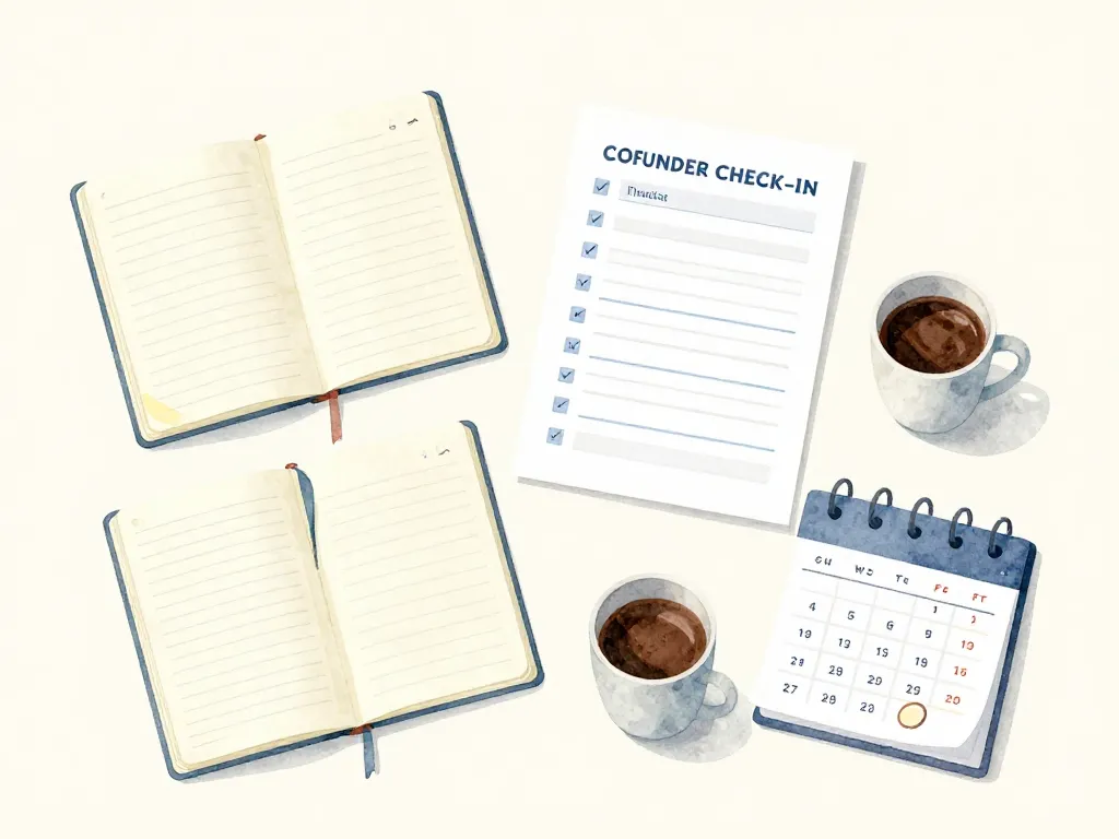 Illustration of two notebooks, coffee cups, and a checklist laid out for a cofounder check-in meeting