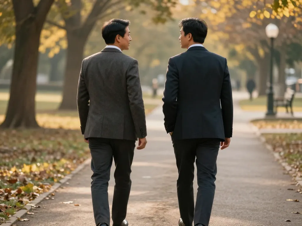 Two cofounders walking and talking outside in natural light during an offsite check-in conversation