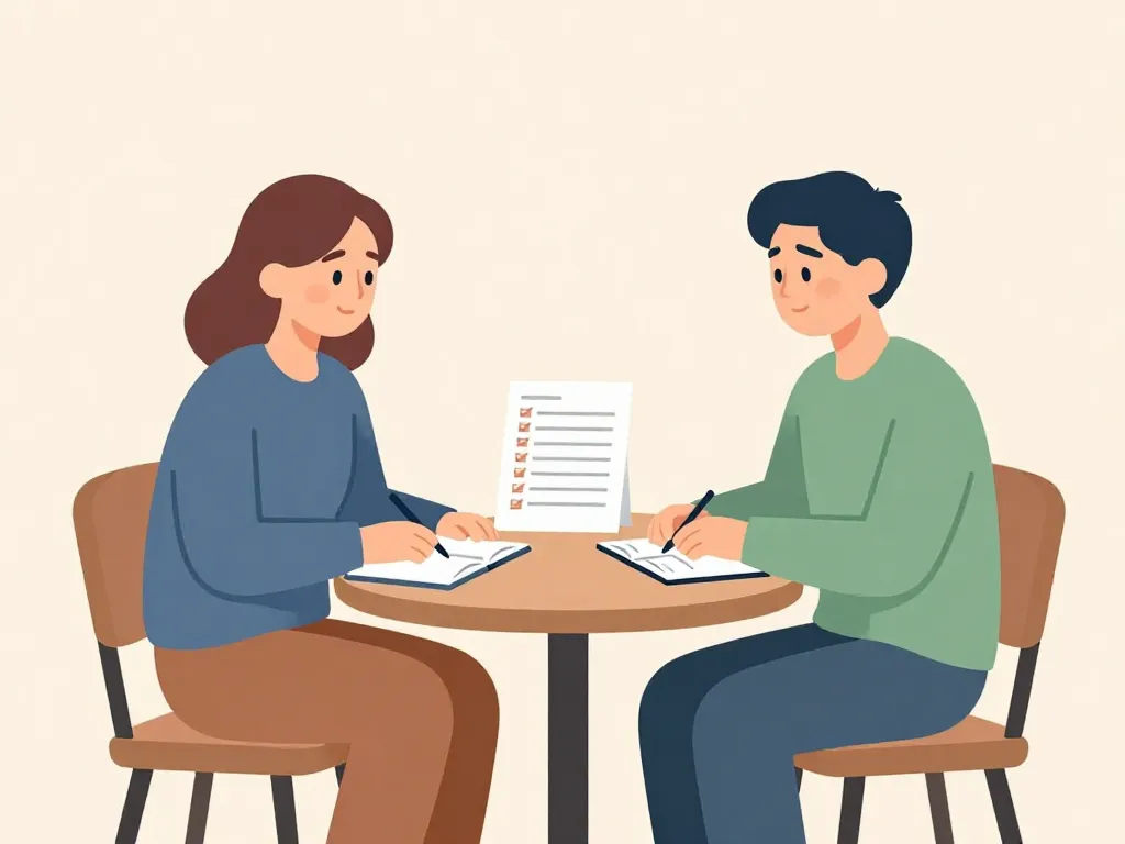 Illustration of two coparents sitting at a table reviewing a checklist together in a neutral setting