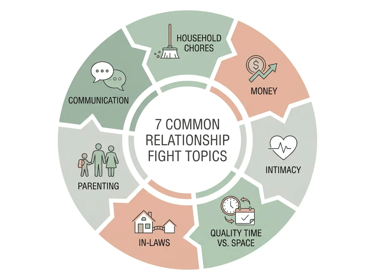 Infographic showing the 7 most common topics couples argue about: chores, money, intimacy, quality time, in-laws, parenting, and communication