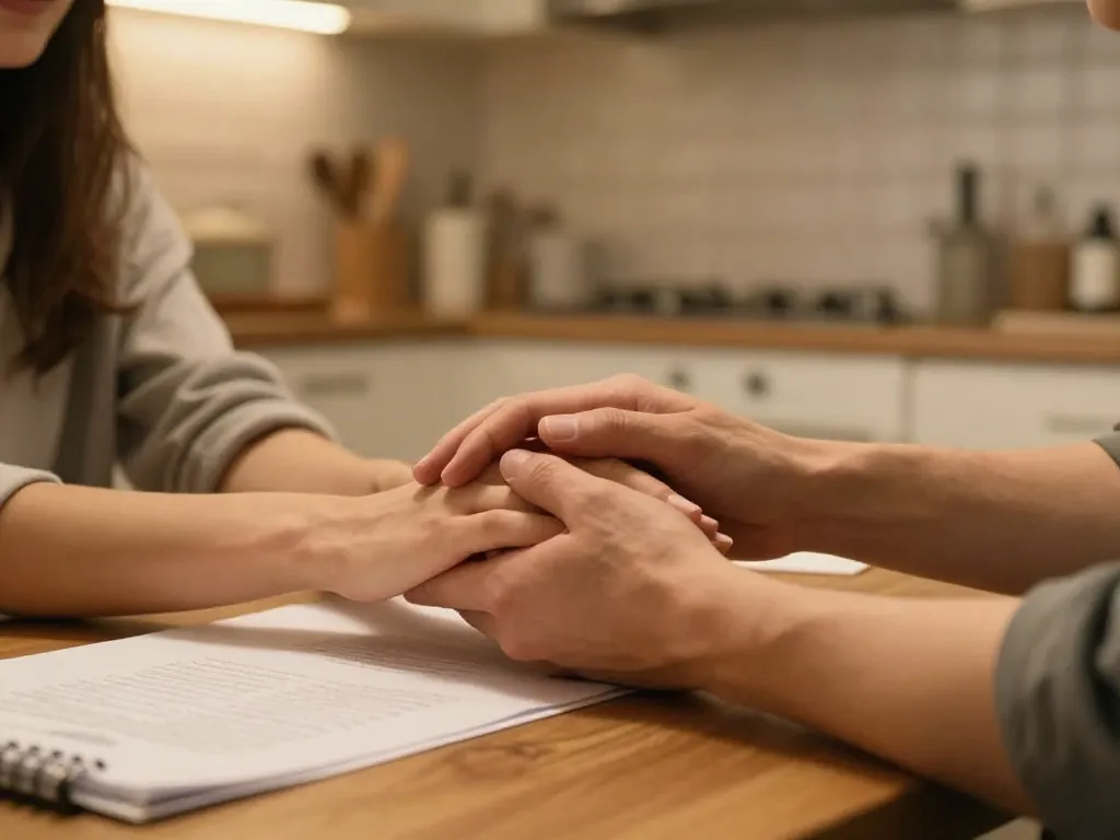 Close-up of a couple's hands reaching for each other across a kitchen table, symbolizing a repair attempt during a disagreement