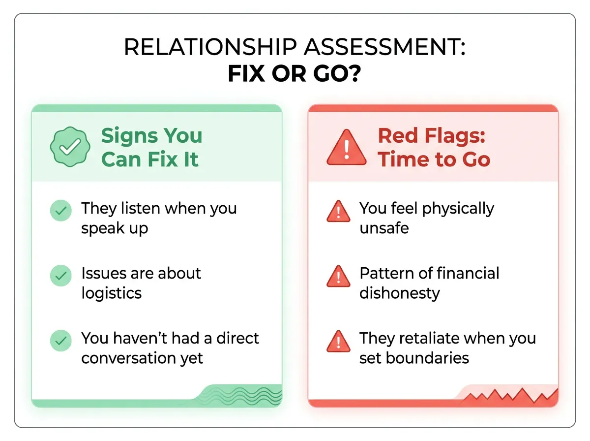 Two-column infographic comparing signs a roommate situation is fixable versus red flags that signal it's time to move out