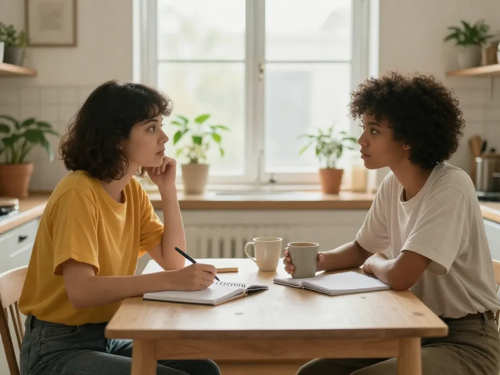 Two roommates having a calm, structured conversation at their kitchen table with notebooks and coffee