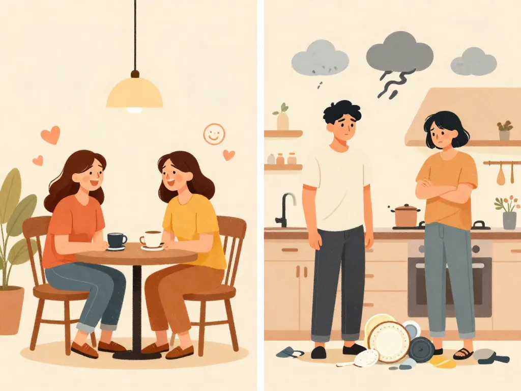 Split illustration comparing two best friends having fun together versus the same friends frustrated as roommates in a messy kitchen