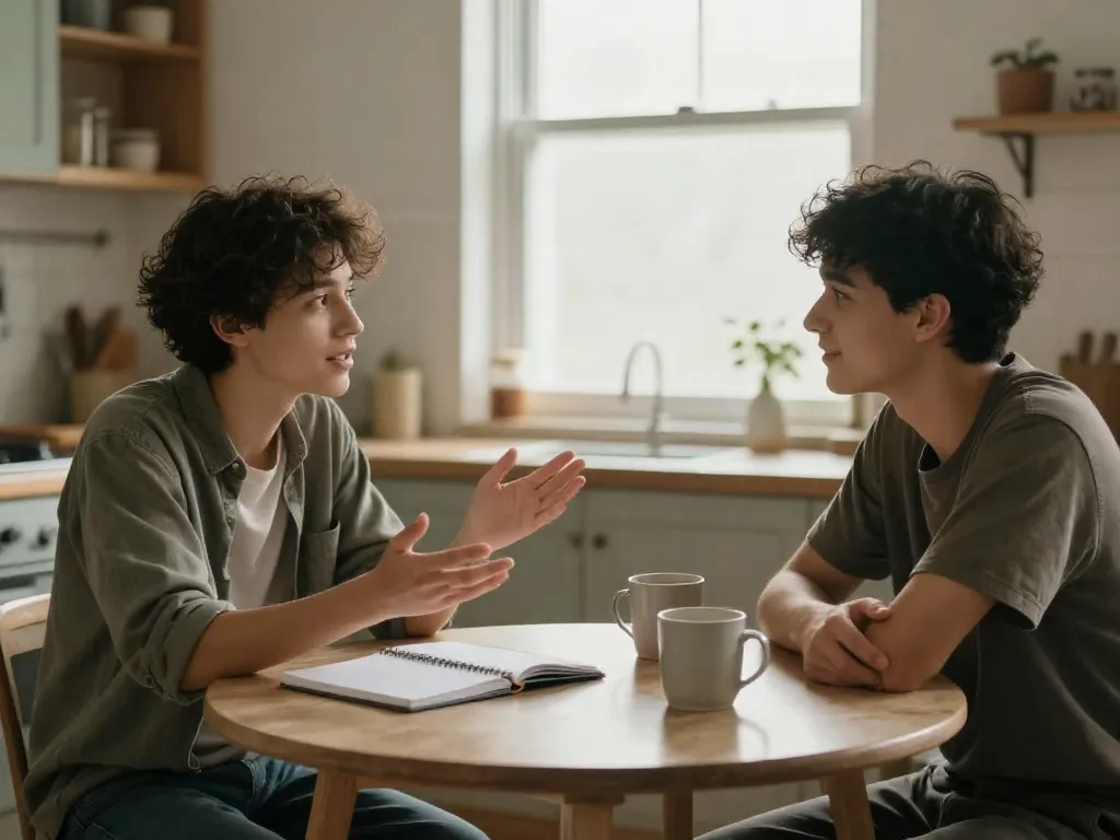Two roommates having a calm and honest conversation at their kitchen table with coffee and a notebook